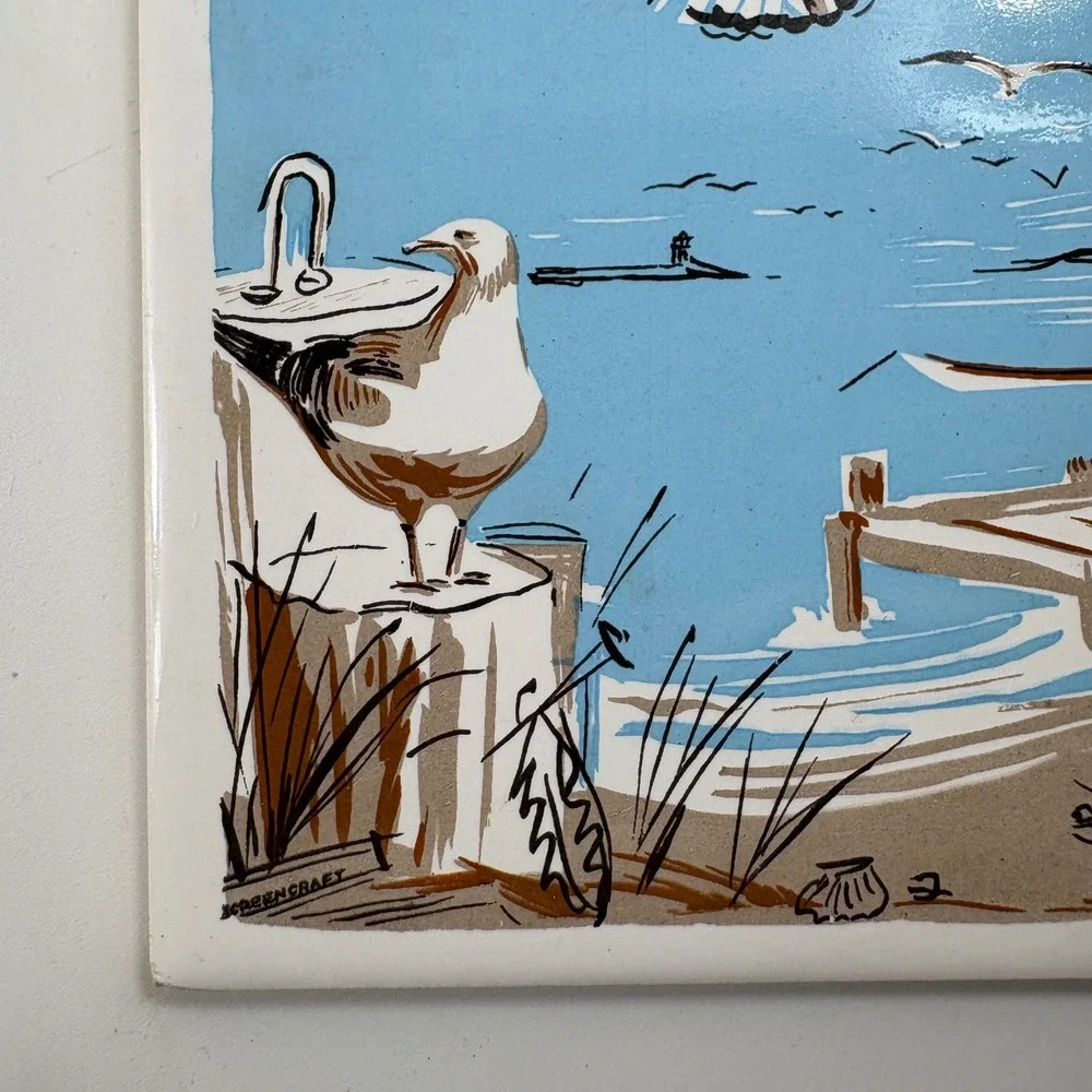 Vintage Screen Craft Seagull‎ Ceramic Tile Coastal Wall Art Hand Decorated